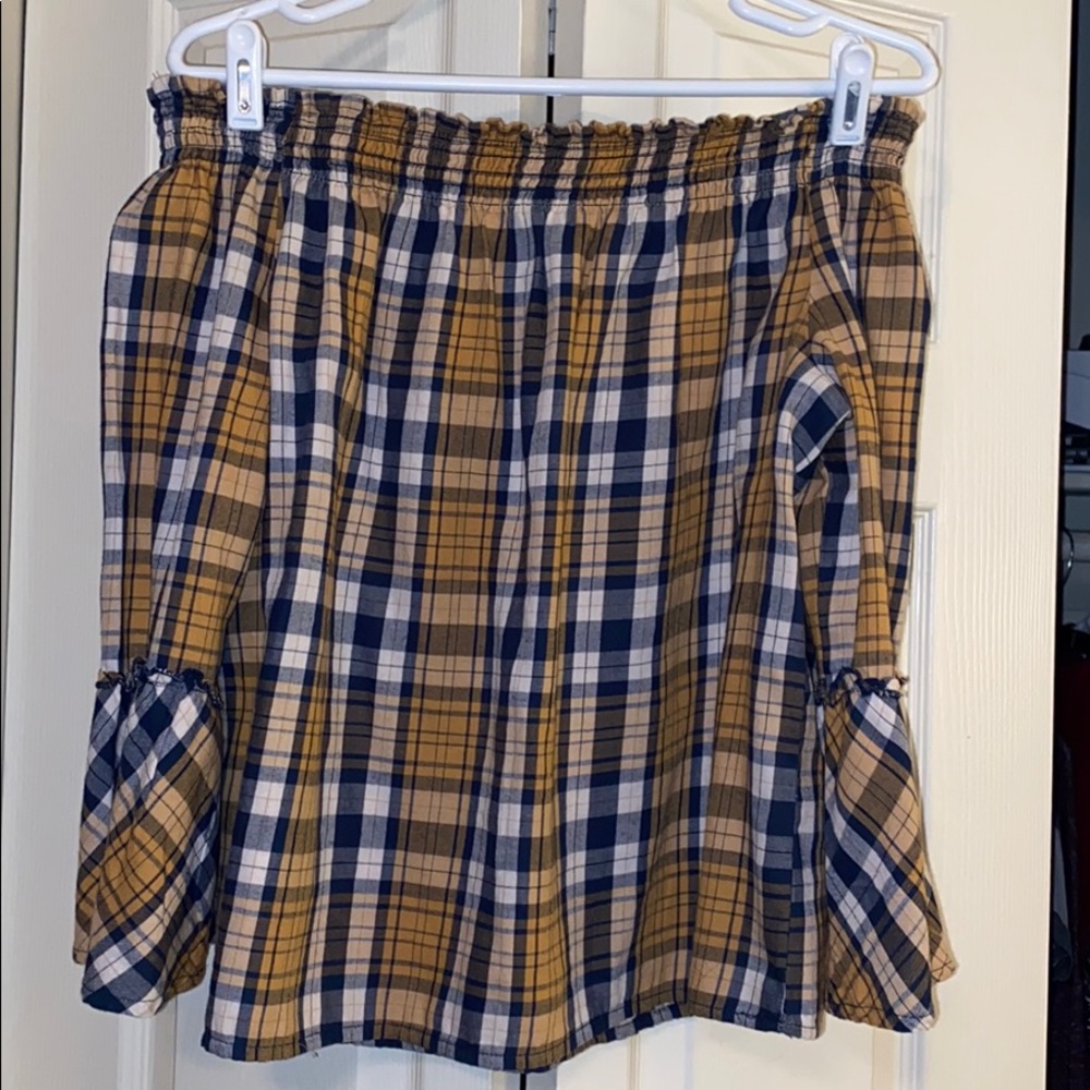 plaid off the shoulder top